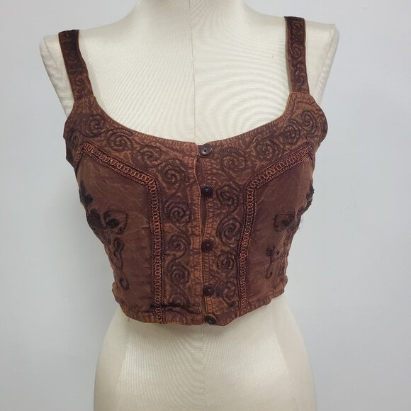 Womens Embroidered Button Cropped Top One Size Forest Fairy Festival Hippie - Picture 1 of 9